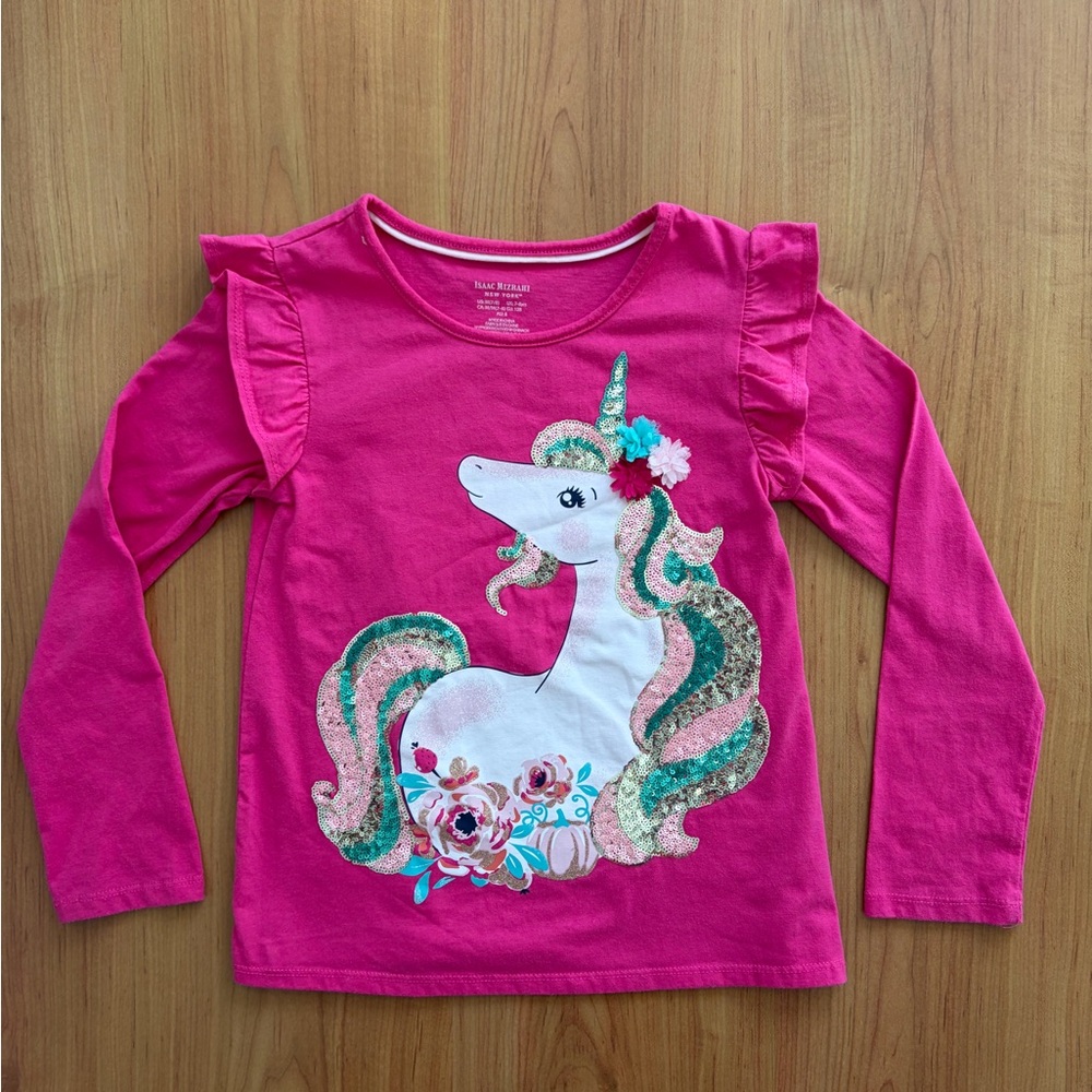 Isaac Mizrahi Bright Pink Unicorn Sequin Long Sleeve Top
